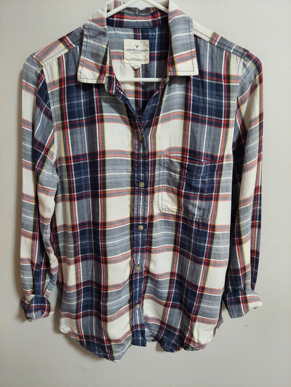 American Eagle Navy Plaid Button-Up Shirt